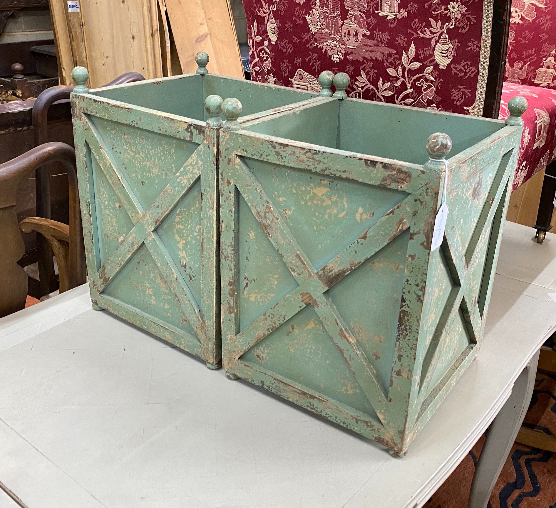 A pair of green painted square paper baskets, width 32cm, height 46cm